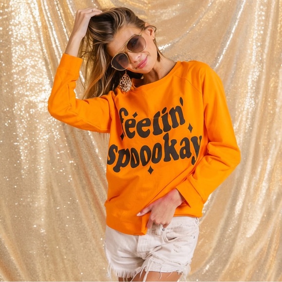 BiBi Feelin’ Spooooky Long Sleeve Tee – Orange Halloween Top - Picture 1 of 7
